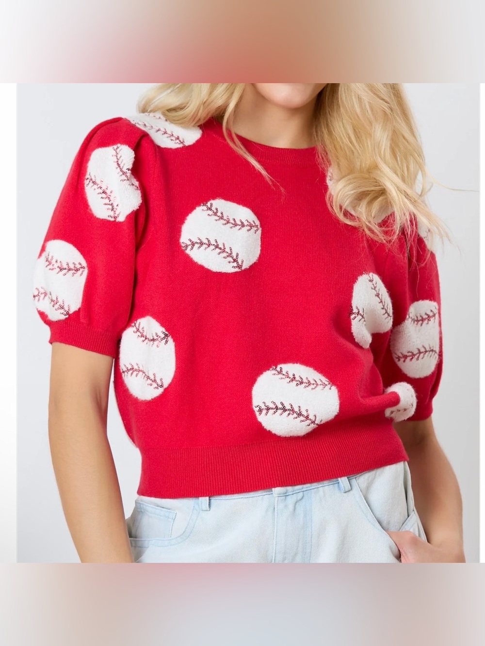 Red Baseball sequin Print Short-Sleeve Sweater Top small